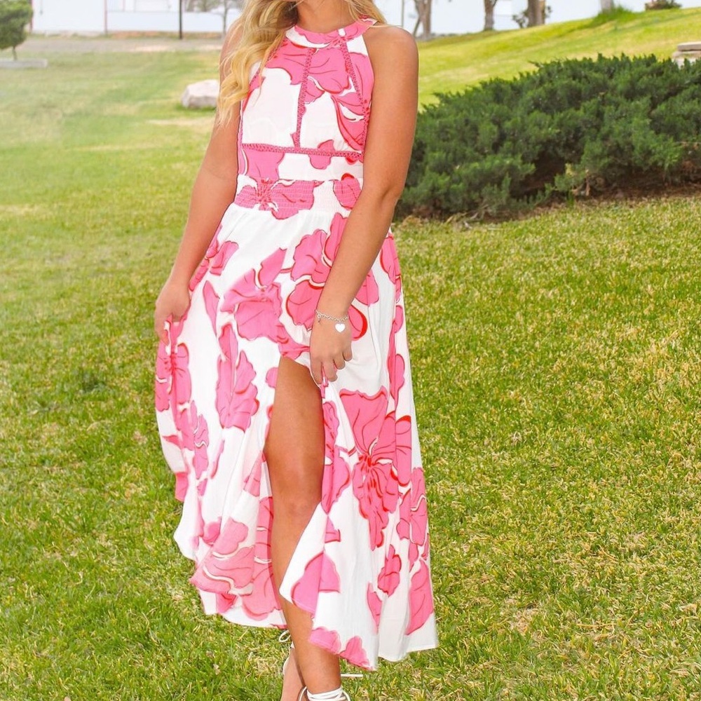 Anthropologie Abel the label ATL pink white floral open back paloma dress size M